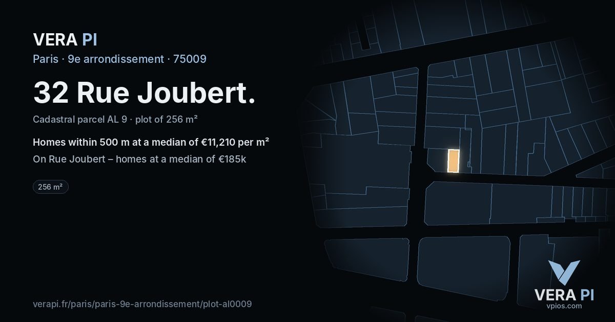 32 Rue Joubert, 9e arrondissement at night – the plot lit, the parcels around coloured by the prices near them