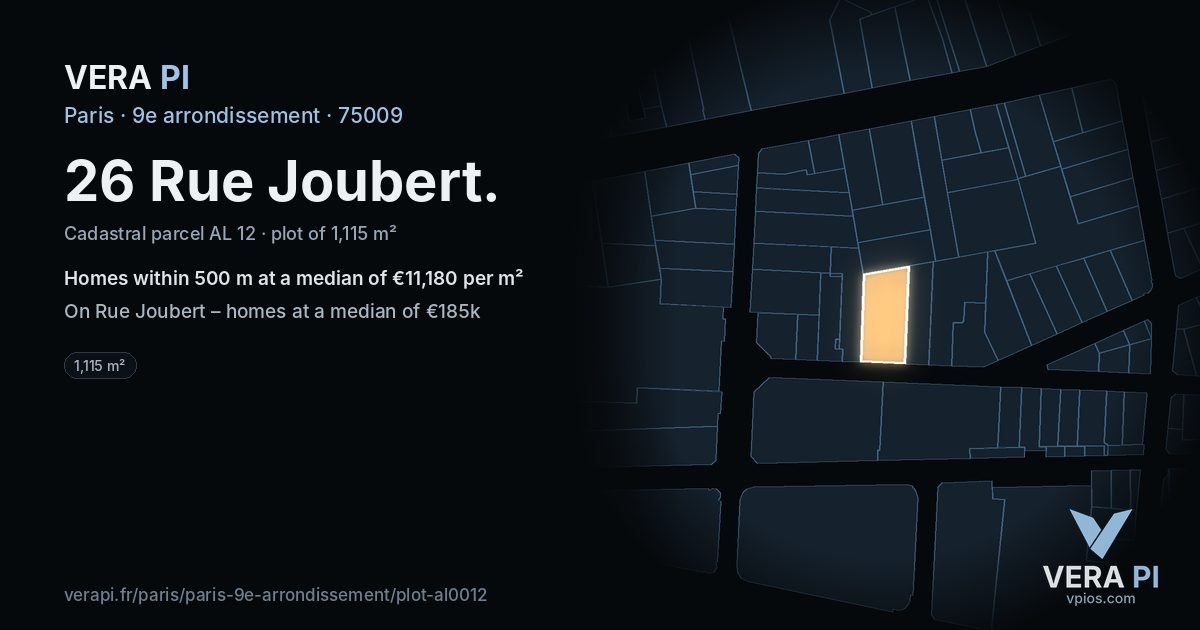 26 Rue Joubert, 9e arrondissement at night – the plot lit, the parcels around coloured by the prices near them