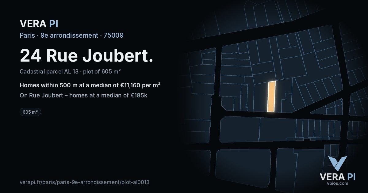 24 Rue Joubert, 9e arrondissement at night – the plot lit, the parcels around coloured by the prices near them
