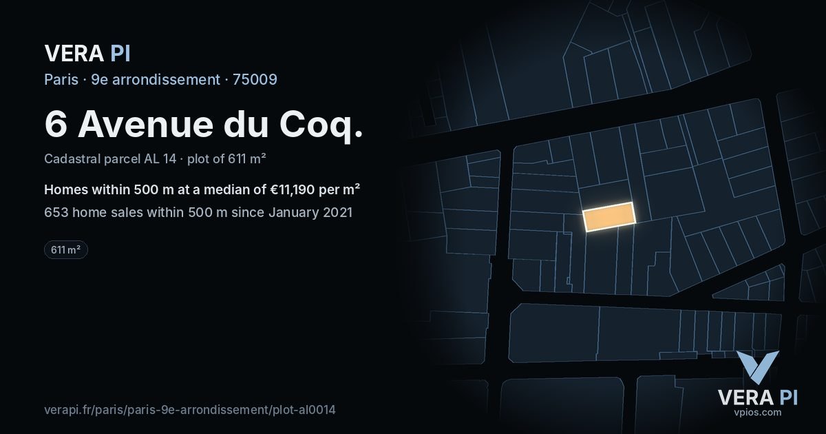6 Avenue du Coq, 9e arrondissement at night – the plot lit, the parcels around coloured by the prices near them