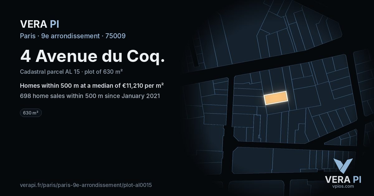 4 Avenue du Coq, 9e arrondissement at night – the plot lit, the parcels around coloured by the prices near them