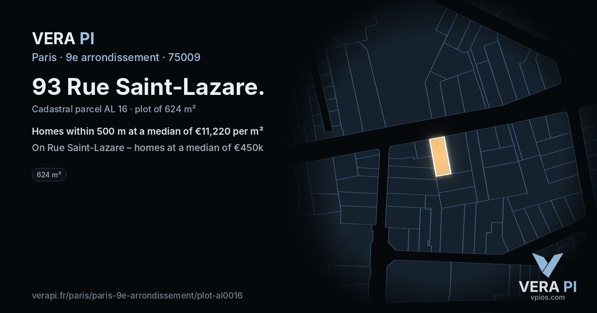 93 Rue Saint-Lazare, 9e arrondissement at night – the plot lit, the parcels around coloured by the prices near them
