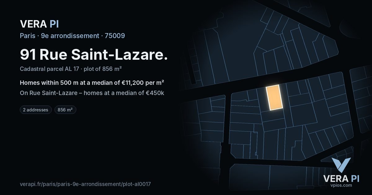 91 Rue Saint-Lazare, 9e arrondissement at night – the plot lit, the parcels around coloured by the prices near them