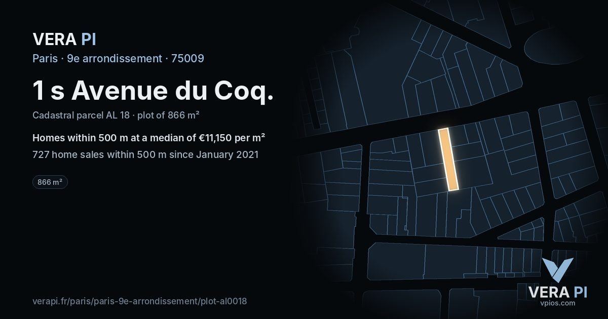 1 s Avenue du Coq, 9e arrondissement at night – the plot lit, the parcels around coloured by the prices near them