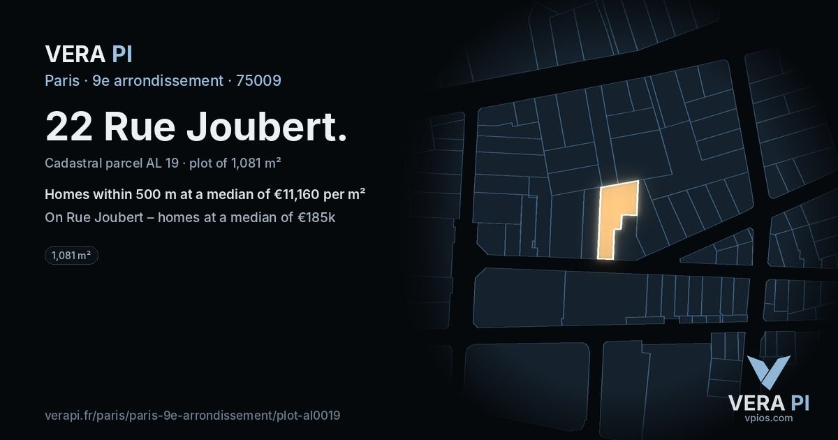 22 Rue Joubert, 9e arrondissement at night – the plot lit, the parcels around coloured by the prices near them