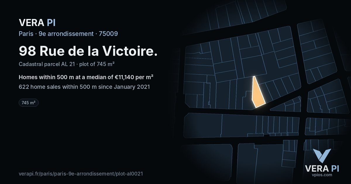 98 Rue de la Victoire, 9e arrondissement at night – the plot lit, the parcels around coloured by the prices near them