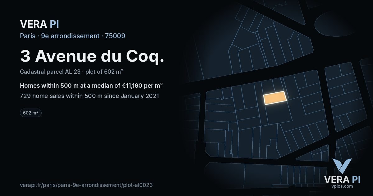 3 Avenue du Coq, 9e arrondissement at night – the plot lit, the parcels around coloured by the prices near them