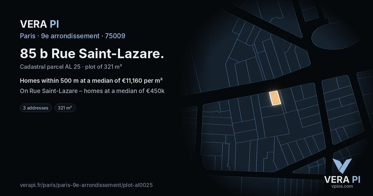 85 b Rue Saint-Lazare, 9e arrondissement at night – the plot lit, the parcels around coloured by the prices near them
