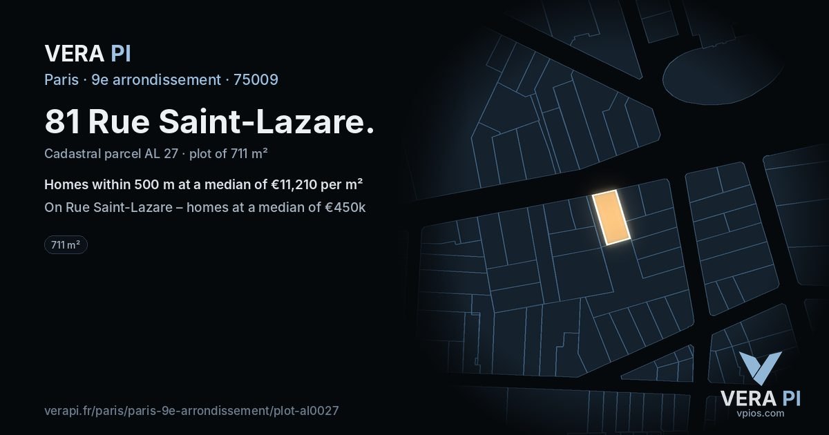 81 Rue Saint-Lazare, 9e arrondissement at night – the plot lit, the parcels around coloured by the prices near them