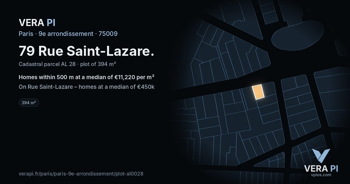 79 Rue Saint-Lazare, 9e arrondissement at night – the plot lit, the parcels around coloured by the prices near them