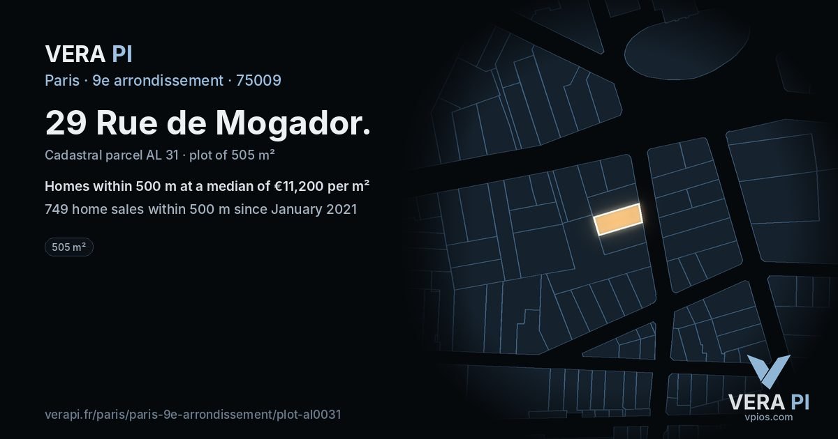 29 Rue de Mogador, 9e arrondissement at night – the plot lit, the parcels around coloured by the prices near them