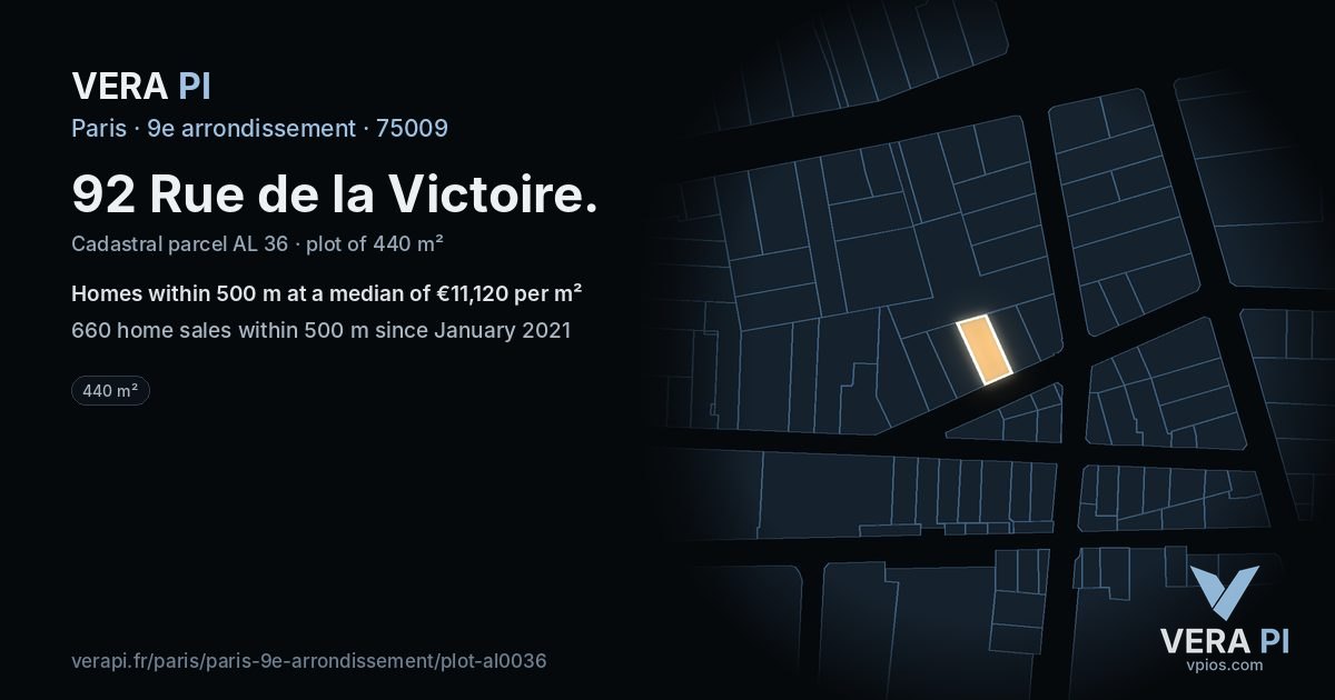 92 Rue de la Victoire, 9e arrondissement at night – the plot lit, the parcels around coloured by the prices near them