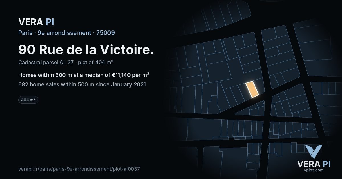 90 Rue de la Victoire, 9e arrondissement at night – the plot lit, the parcels around coloured by the prices near them