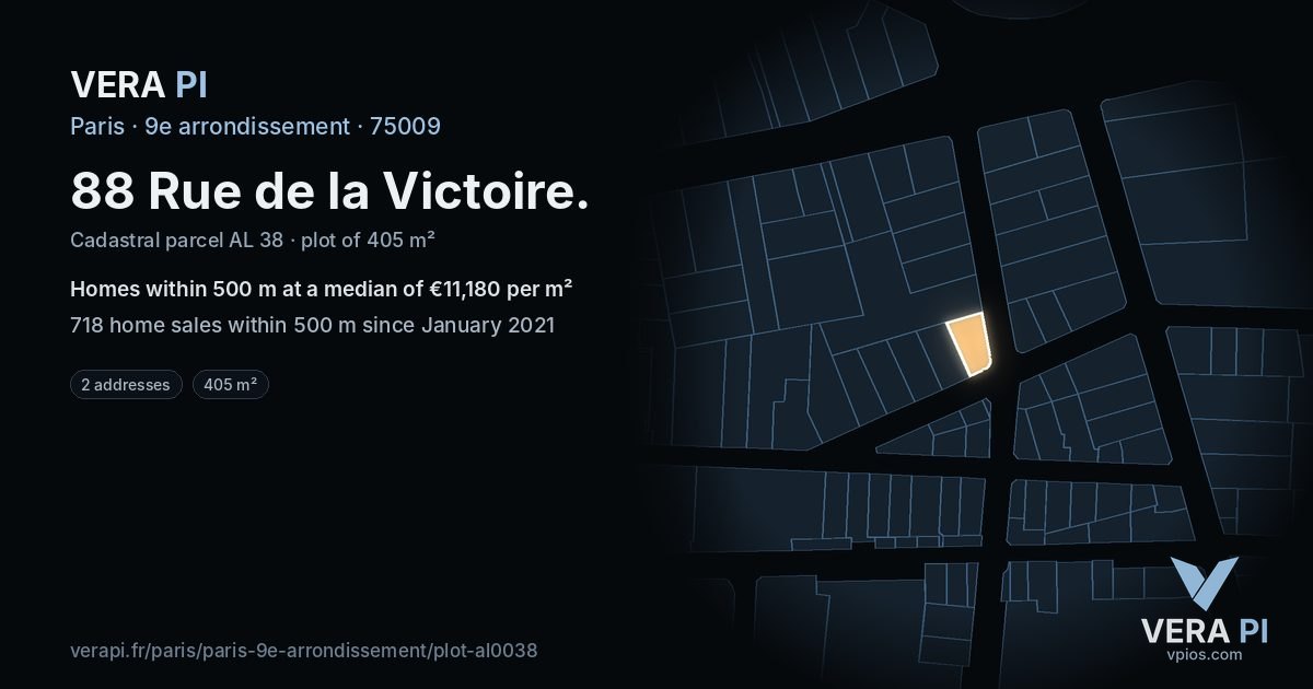 88 Rue de la Victoire, 9e arrondissement at night – the plot lit, the parcels around coloured by the prices near them