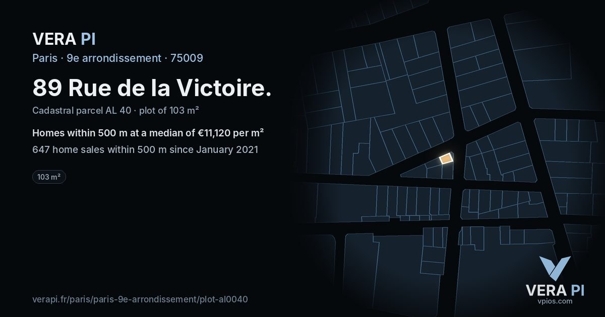 89 Rue de la Victoire, 9e arrondissement at night – the plot lit, the parcels around coloured by the prices near them