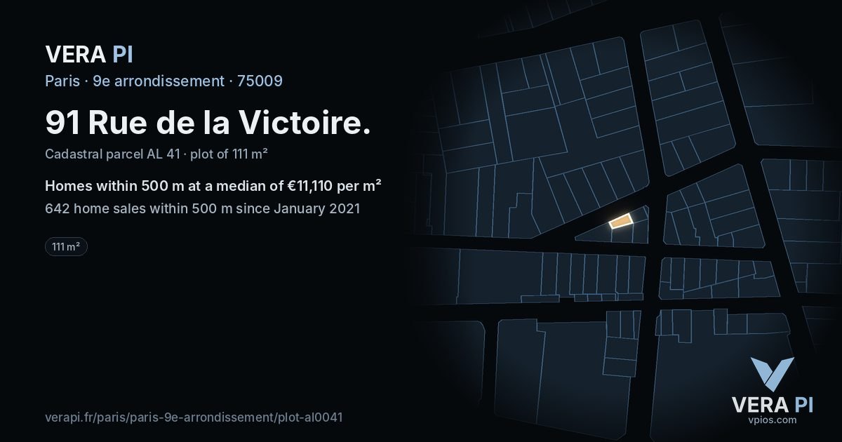 91 Rue de la Victoire, 9e arrondissement at night – the plot lit, the parcels around coloured by the prices near them