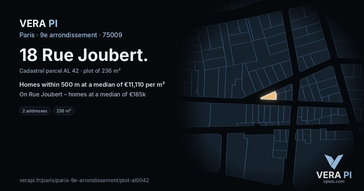 18 Rue Joubert, 9e arrondissement at night – the plot lit, the parcels around coloured by the prices near them