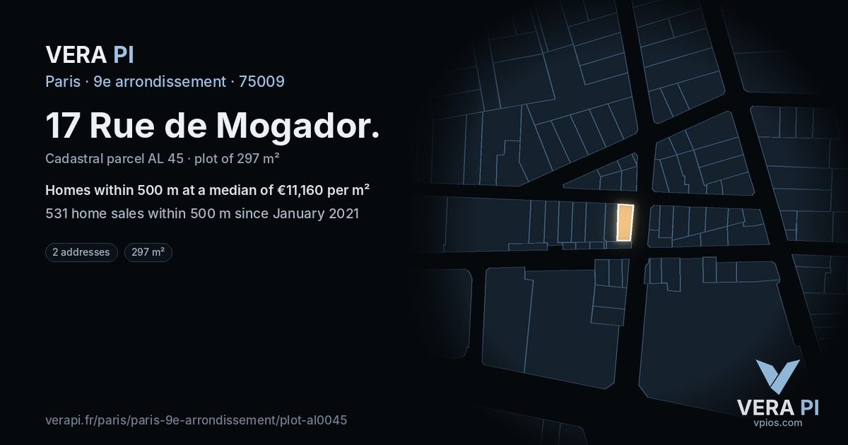 17 Rue de Mogador, 9e arrondissement at night – the plot lit, the parcels around coloured by the prices near them