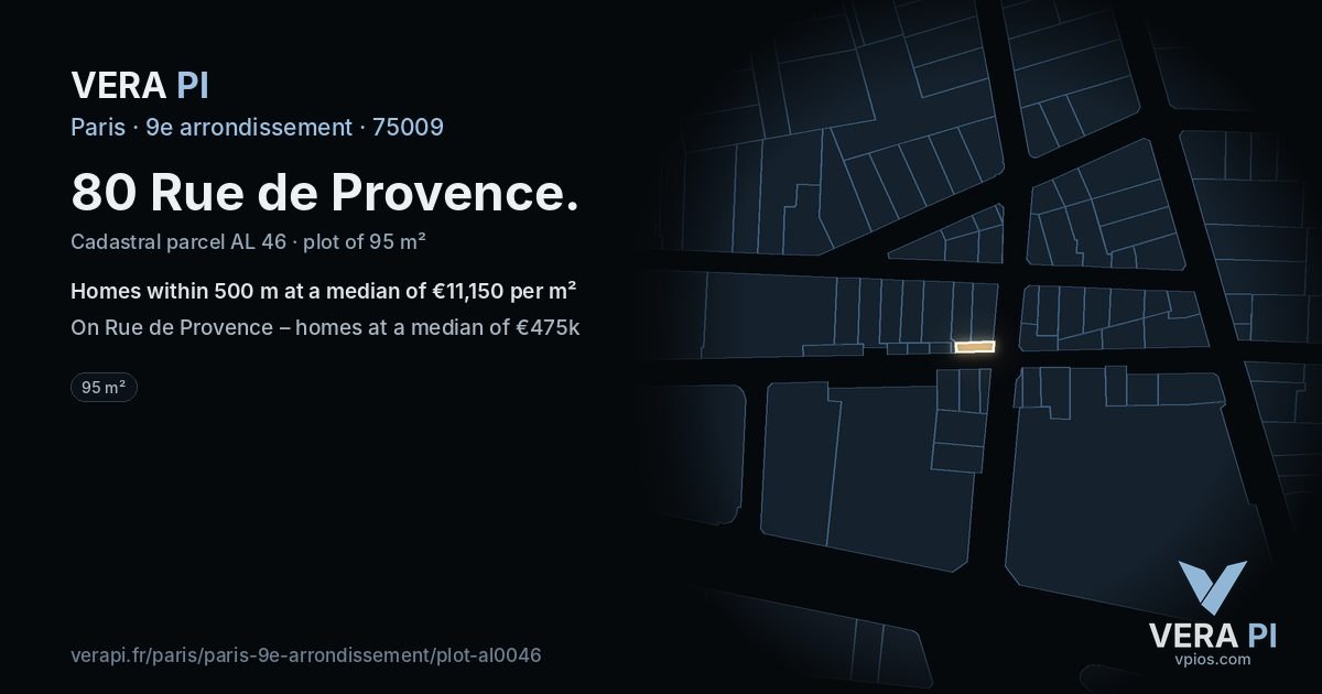 80 Rue de Provence, 9e arrondissement at night – the plot lit, the parcels around coloured by the prices near them