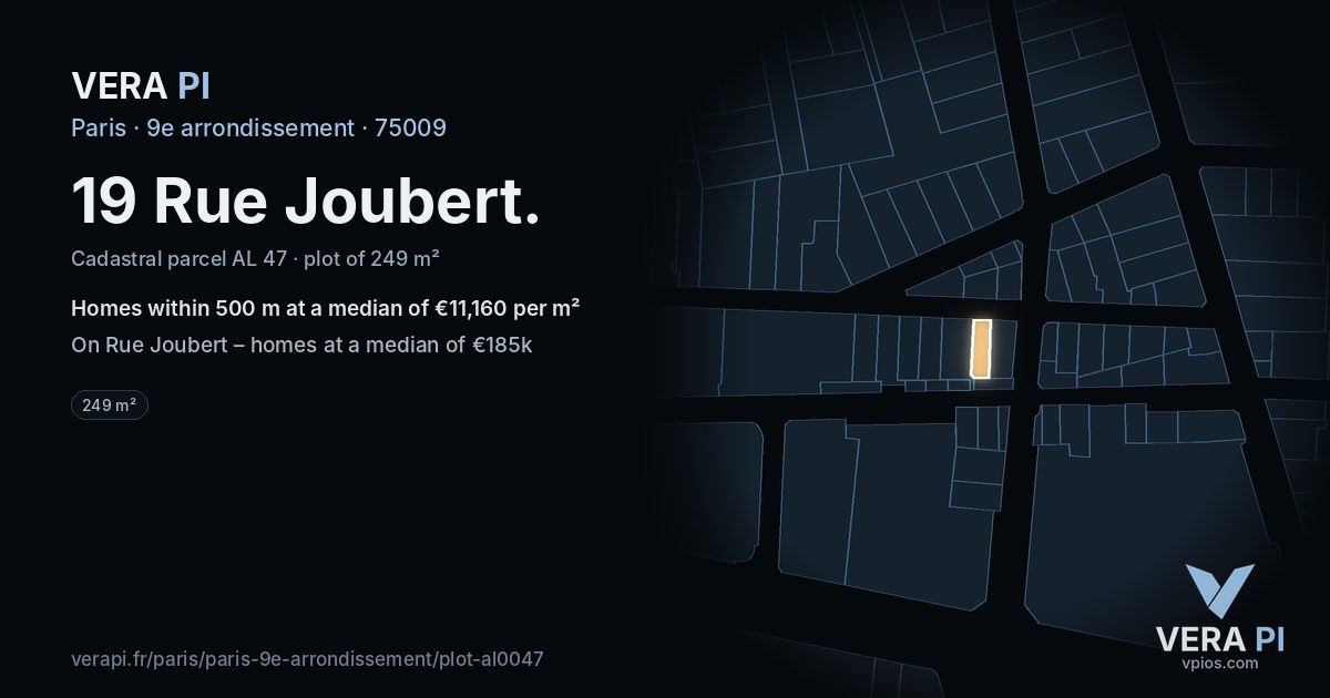 19 Rue Joubert, 9e arrondissement at night – the plot lit, the parcels around coloured by the prices near them