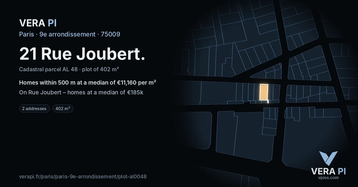 21 Rue Joubert, 9e arrondissement at night – the plot lit, the parcels around coloured by the prices near them