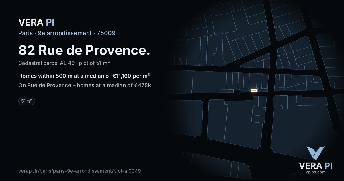 82 Rue de Provence, 9e arrondissement at night – the plot lit, the parcels around coloured by the prices near them