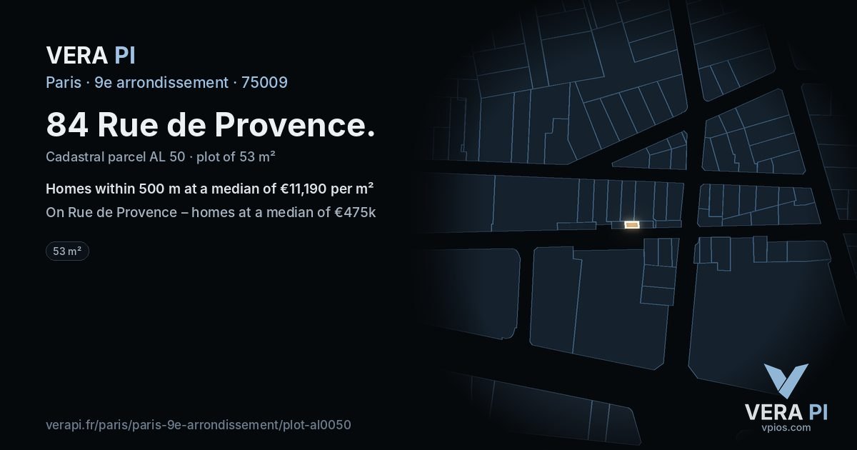 84 Rue de Provence, 9e arrondissement at night – the plot lit, the parcels around coloured by the prices near them