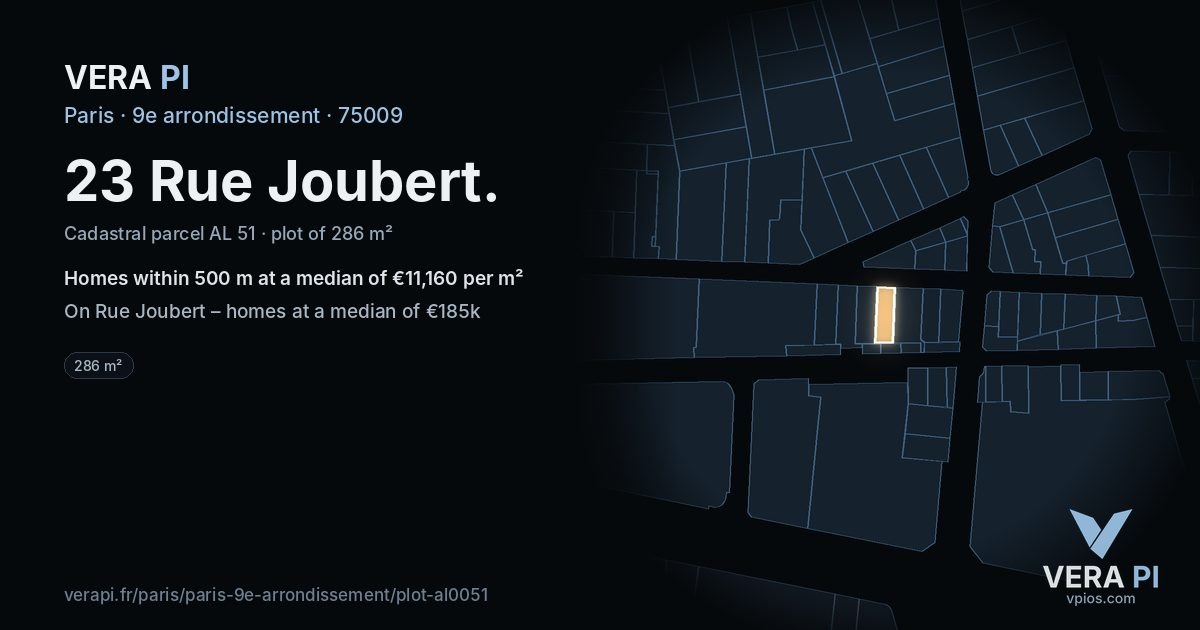 23 Rue Joubert, 9e arrondissement at night – the plot lit, the parcels around coloured by the prices near them