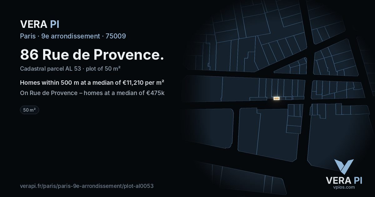 86 Rue de Provence, 9e arrondissement at night – the plot lit, the parcels around coloured by the prices near them