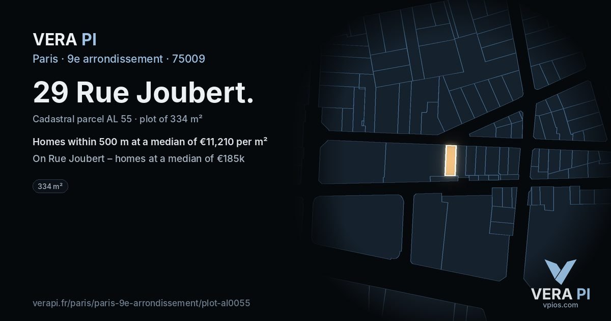 29 Rue Joubert, 9e arrondissement at night – the plot lit, the parcels around coloured by the prices near them