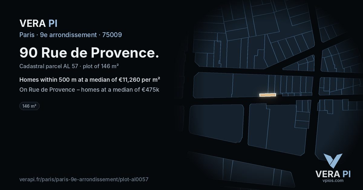 90 Rue de Provence, 9e arrondissement at night – the plot lit, the parcels around coloured by the prices near them