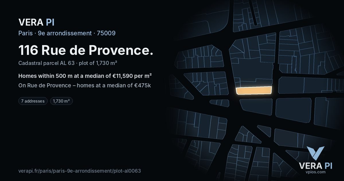 116 Rue de Provence, 9e arrondissement at night – the plot lit, the parcels around coloured by the prices near them
