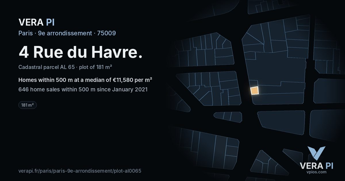 4 Rue du Havre, 9e arrondissement at night – the plot lit, the parcels around coloured by the prices near them