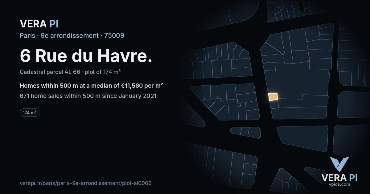 6 Rue du Havre, 9e arrondissement at night – the plot lit, the parcels around coloured by the prices near them