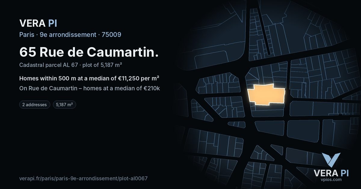 65 Rue de Caumartin, 9e arrondissement at night – the plot lit, the parcels around coloured by the prices near them