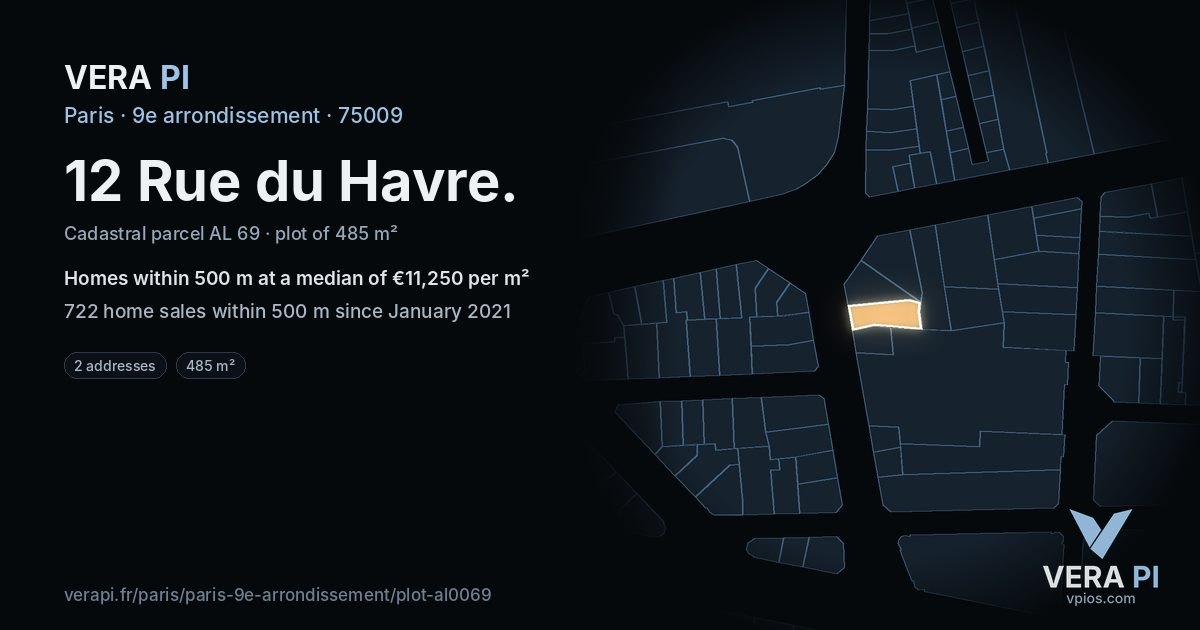 12 Rue du Havre, 9e arrondissement at night – the plot lit, the parcels around coloured by the prices near them
