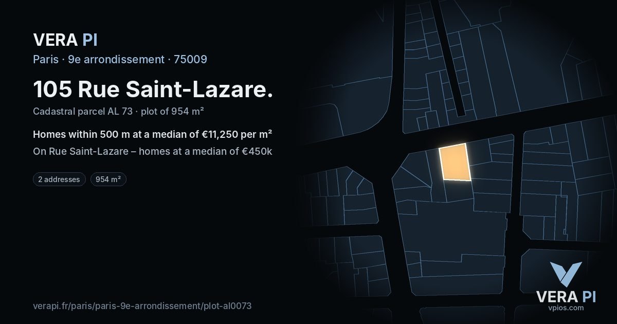 105 Rue Saint-Lazare, 9e arrondissement at night – the plot lit, the parcels around coloured by the prices near them