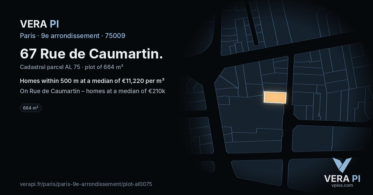 67 Rue de Caumartin, 9e arrondissement at night – the plot lit, the parcels around coloured by the prices near them