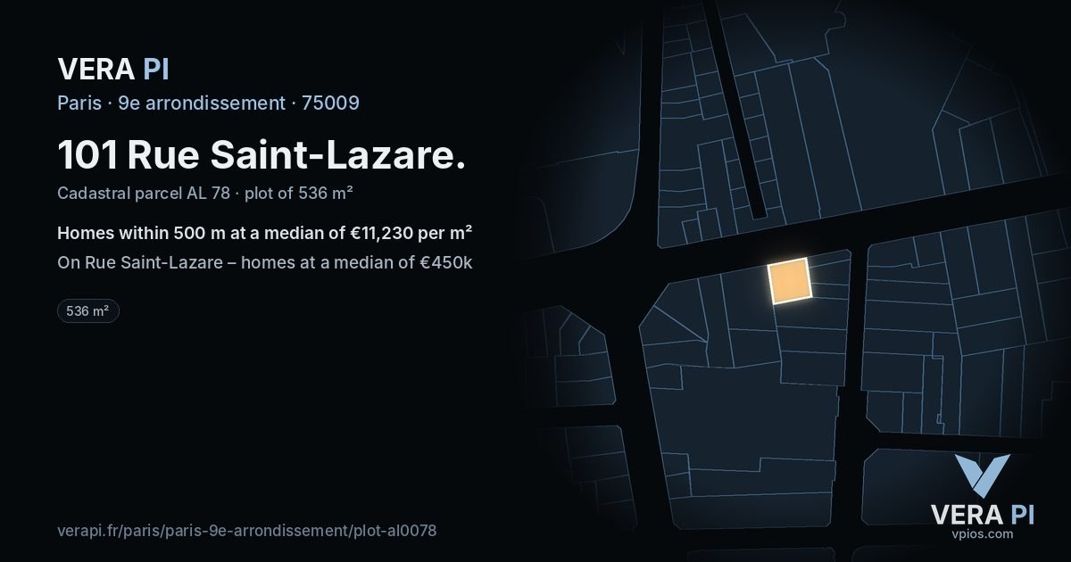 101 Rue Saint-Lazare, 9e arrondissement at night – the plot lit, the parcels around coloured by the prices near them