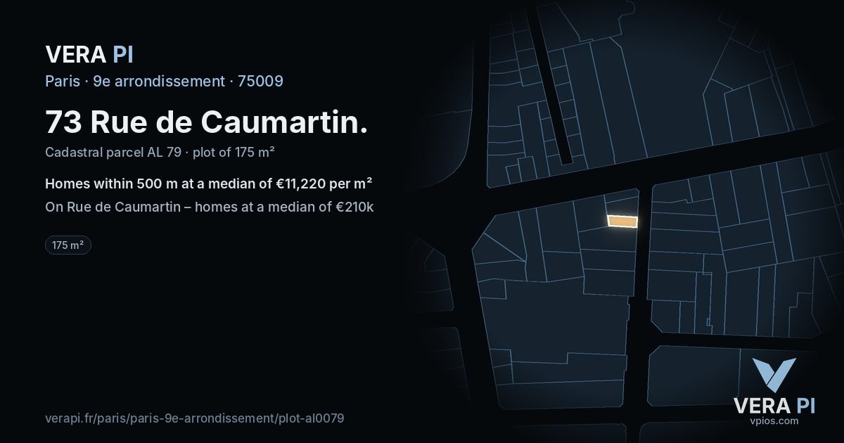 73 Rue de Caumartin, 9e arrondissement at night – the plot lit, the parcels around coloured by the prices near them