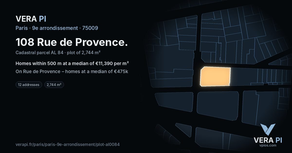 108 Rue de Provence, 9e arrondissement at night – the plot lit, the parcels around coloured by the prices near them