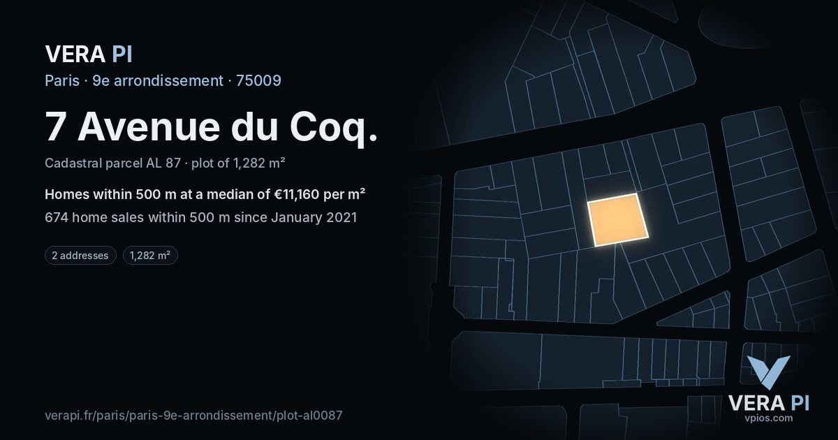 7 Avenue du Coq, 9e arrondissement at night – the plot lit, the parcels around coloured by the prices near them