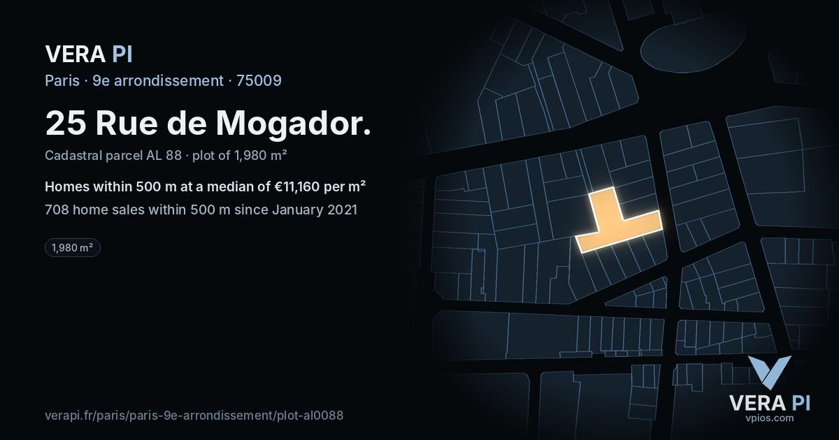25 Rue de Mogador, 9e arrondissement at night – the plot lit, the parcels around coloured by the prices near them