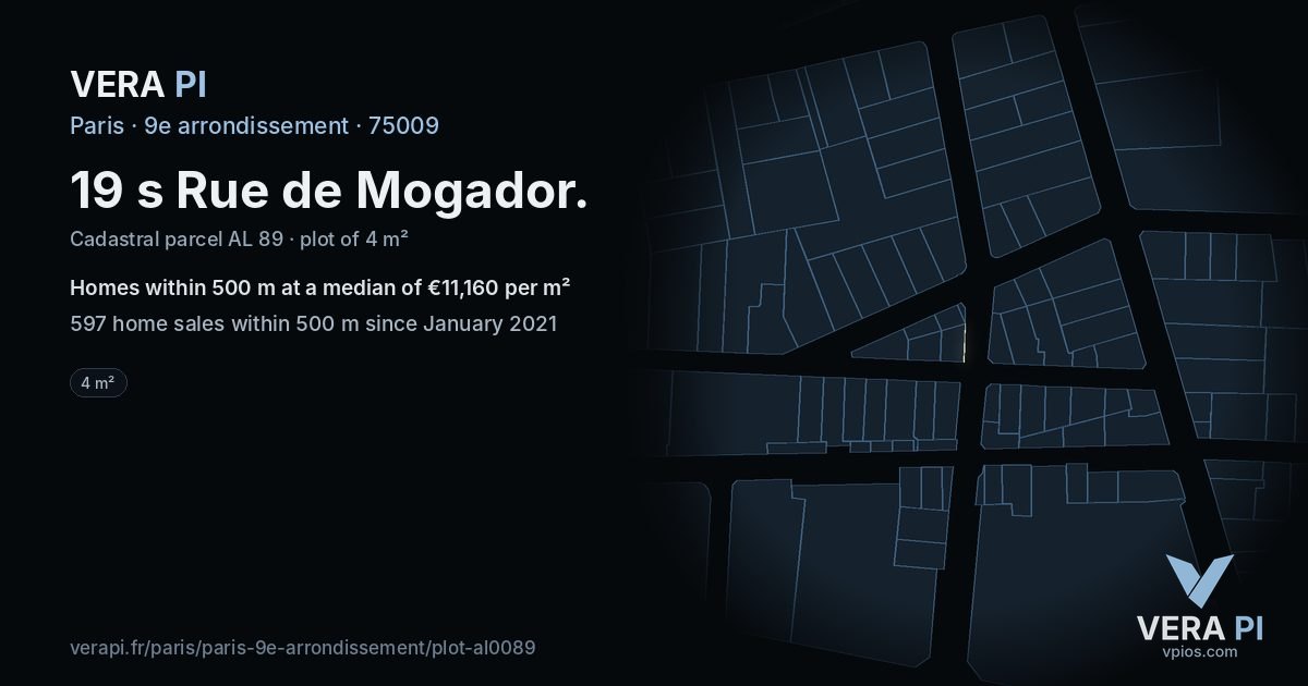19 s Rue de Mogador, 9e arrondissement at night – the plot lit, the parcels around coloured by the prices near them