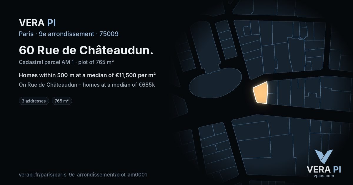60 Rue de Châteaudun, 9e arrondissement at night – the plot lit, the parcels around coloured by the prices near them