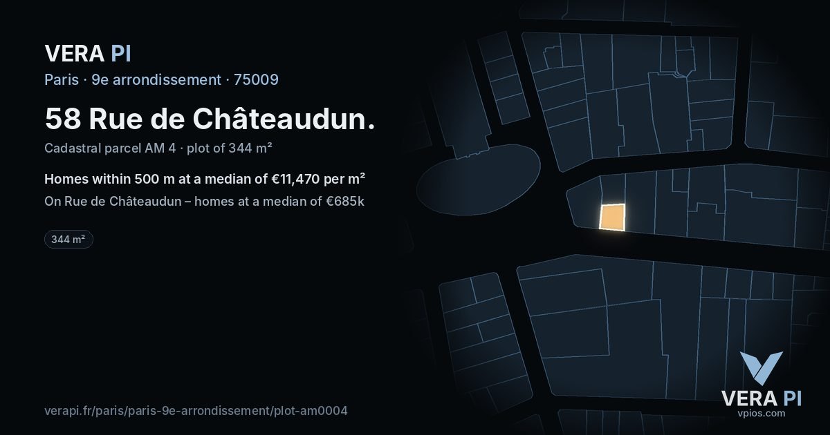 58 Rue de Châteaudun, 9e arrondissement at night – the plot lit, the parcels around coloured by the prices near them