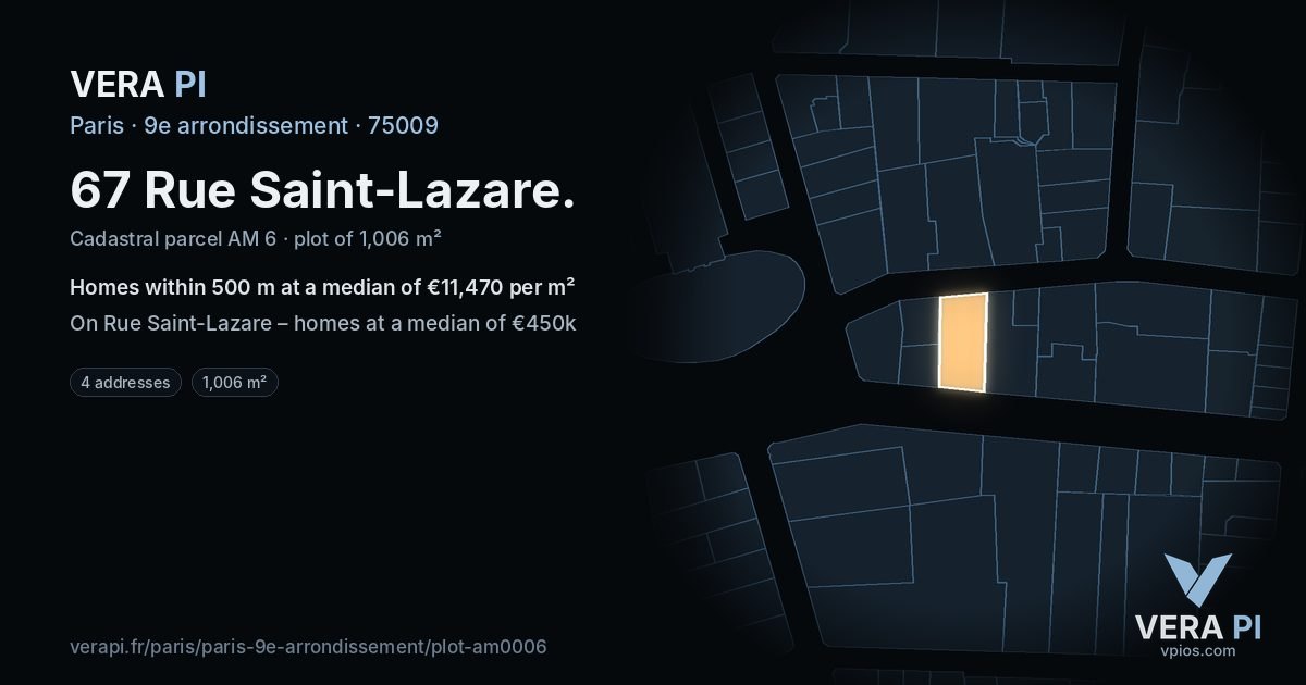 67 Rue Saint-Lazare, 9e arrondissement at night – the plot lit, the parcels around coloured by the prices near them