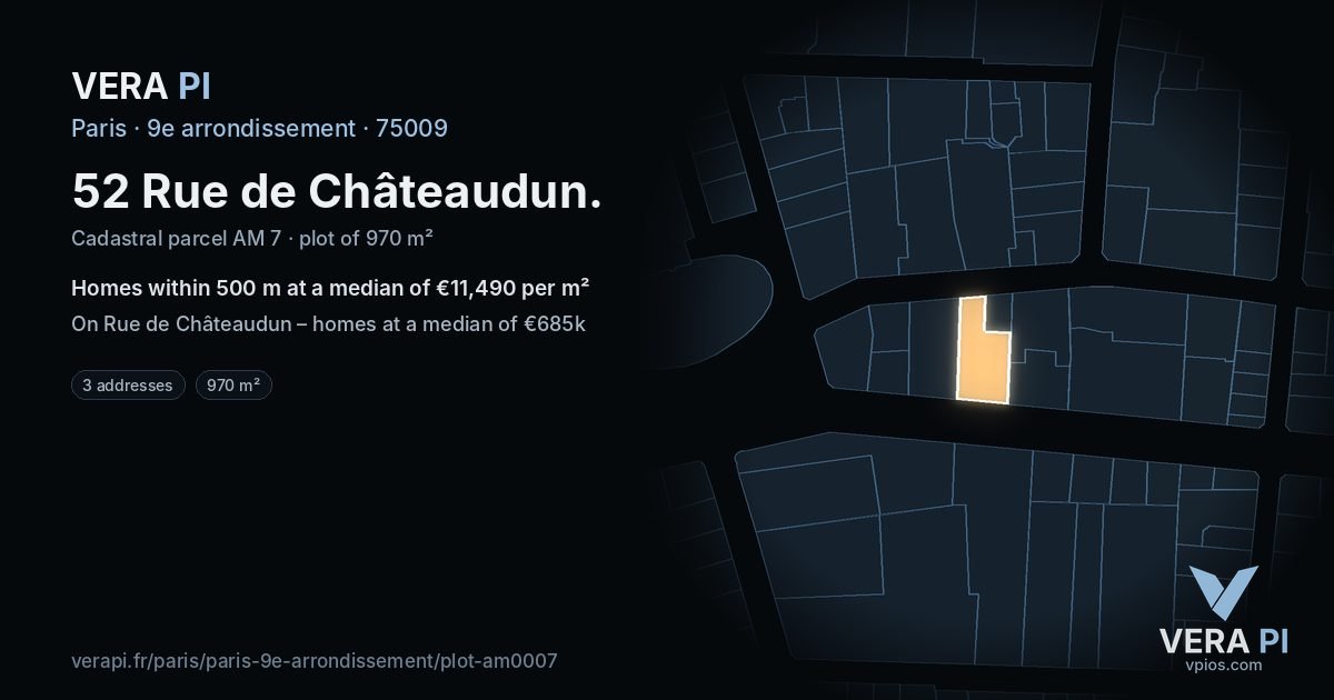 52 Rue de Châteaudun, 9e arrondissement at night – the plot lit, the parcels around coloured by the prices near them