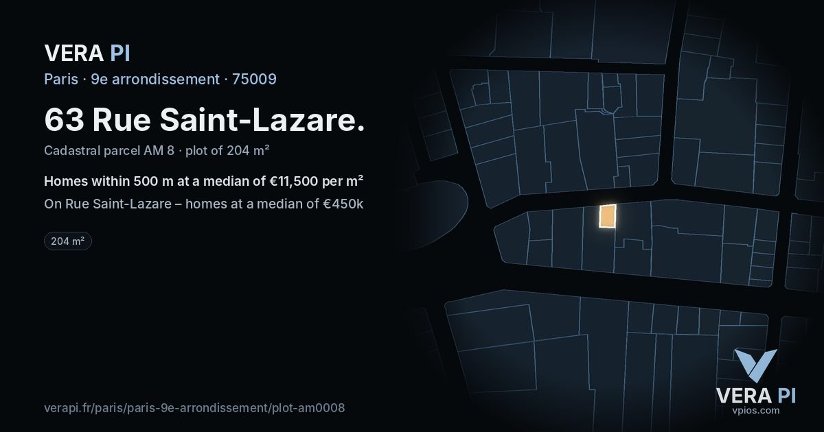 63 Rue Saint-Lazare, 9e arrondissement at night – the plot lit, the parcels around coloured by the prices near them