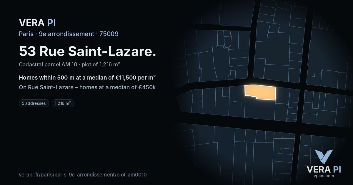 53 Rue Saint-Lazare, 9e arrondissement at night – the plot lit, the parcels around coloured by the prices near them